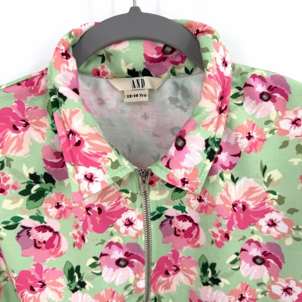 AND Kids Floral Quarter Zip-Up Sweatshirt in Pink Green Size 13-14 - Picture 2 of 5
